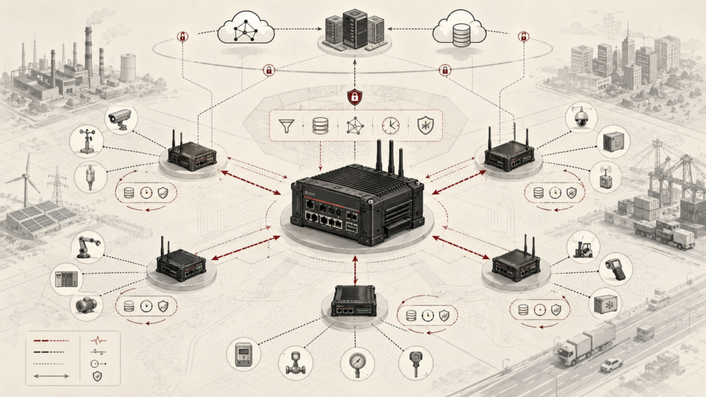 Institutional systems-research illustration of distributed edge infrastructure with central gateways aggregating data from sensors, devices, robotics, logistics systems, and cloud services.