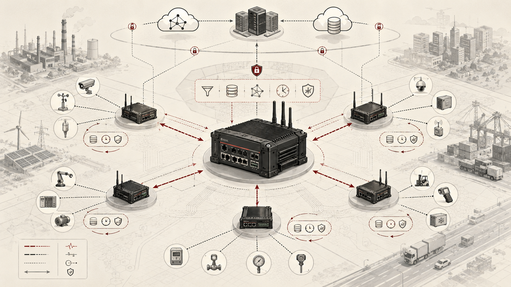 Institutional systems-research illustration of distributed edge infrastructure with central gateways aggregating data from sensors, devices, robotics, logistics systems, and cloud services.