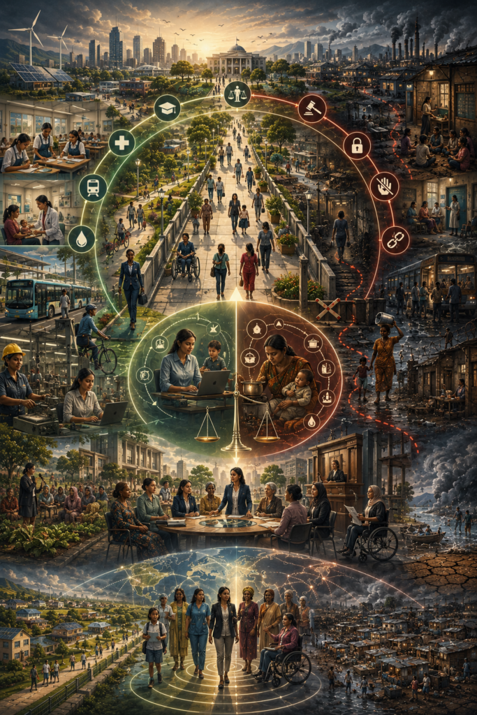 Cinematic sustainability illustration of gender exclusion and development justice, showing unequal access to education, health, bodily autonomy, care support, work, safety, institutional power, public voice, mobility, and substantive freedom.