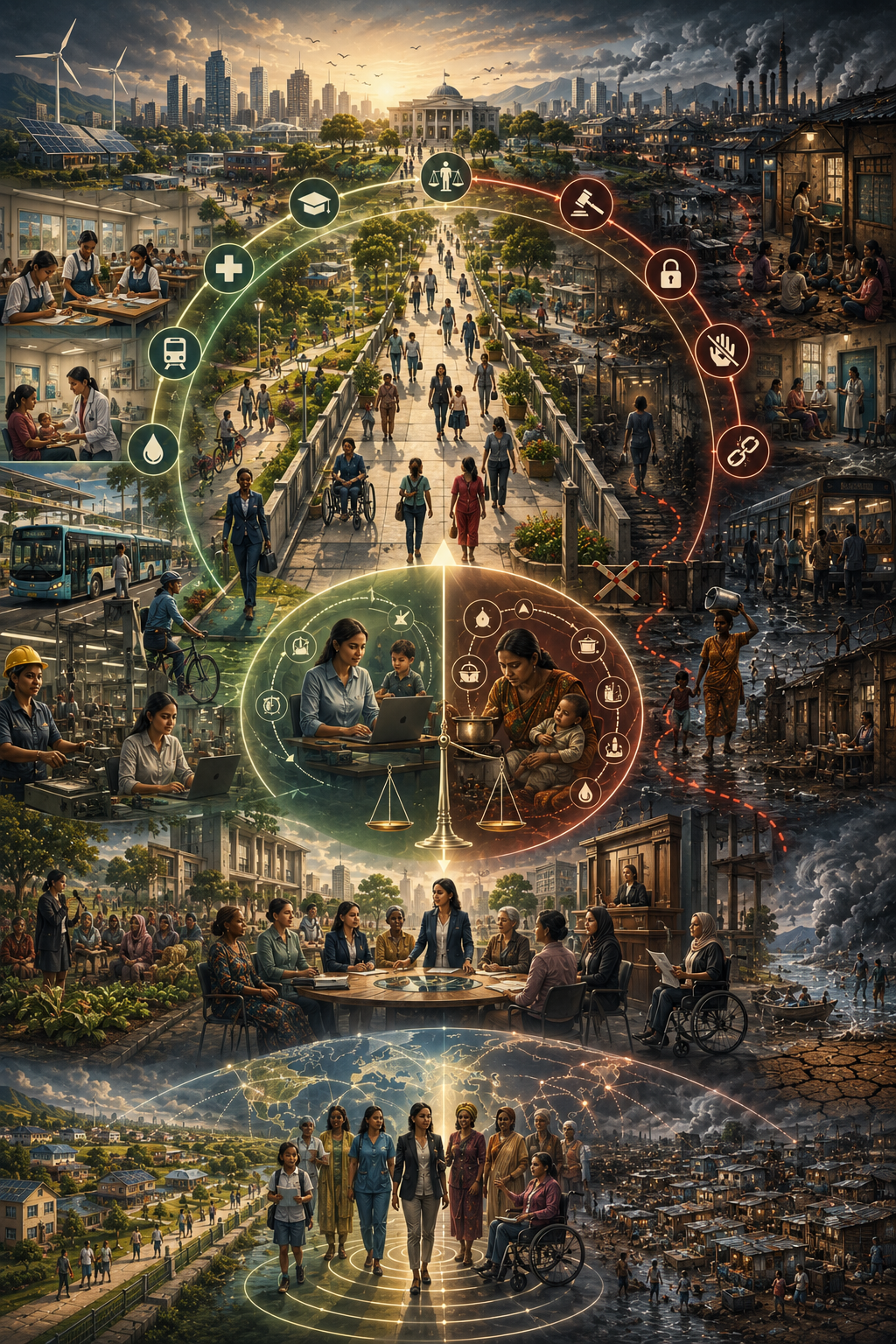 Cinematic sustainability illustration of gender exclusion and development justice, showing unequal access to education, health, bodily autonomy, care support, work, safety, institutional power, public voice, mobility, and substantive freedom.