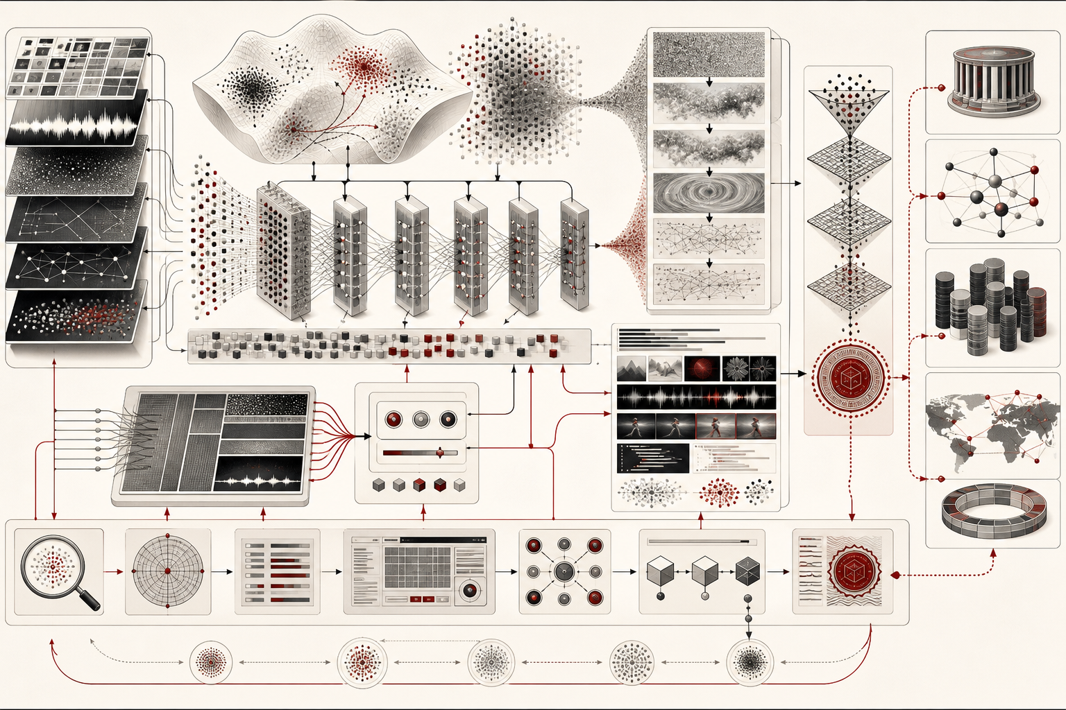 Abstract editorial illustration of a generative AI system transforming data distributions into synthetic text, image, audio, video, code, and multimodal artifacts through model layers, evaluation, provenance, and governance.