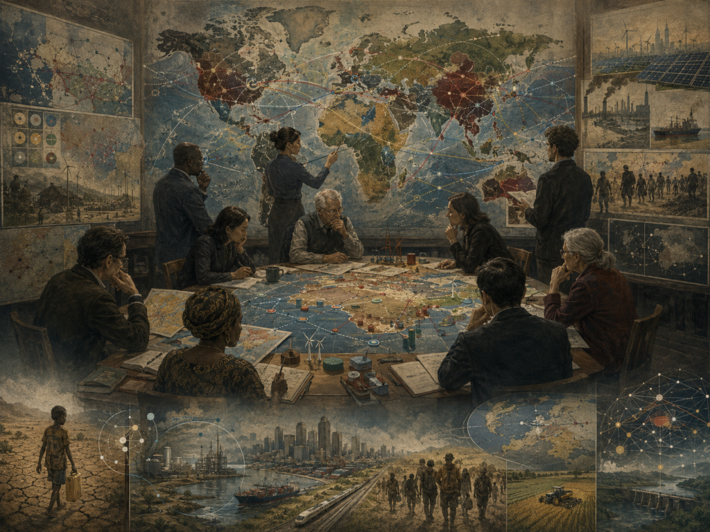 A foresight group studies geopolitical futures across global power networks, trade routes, energy systems, migration, climate risk, and regional instability.