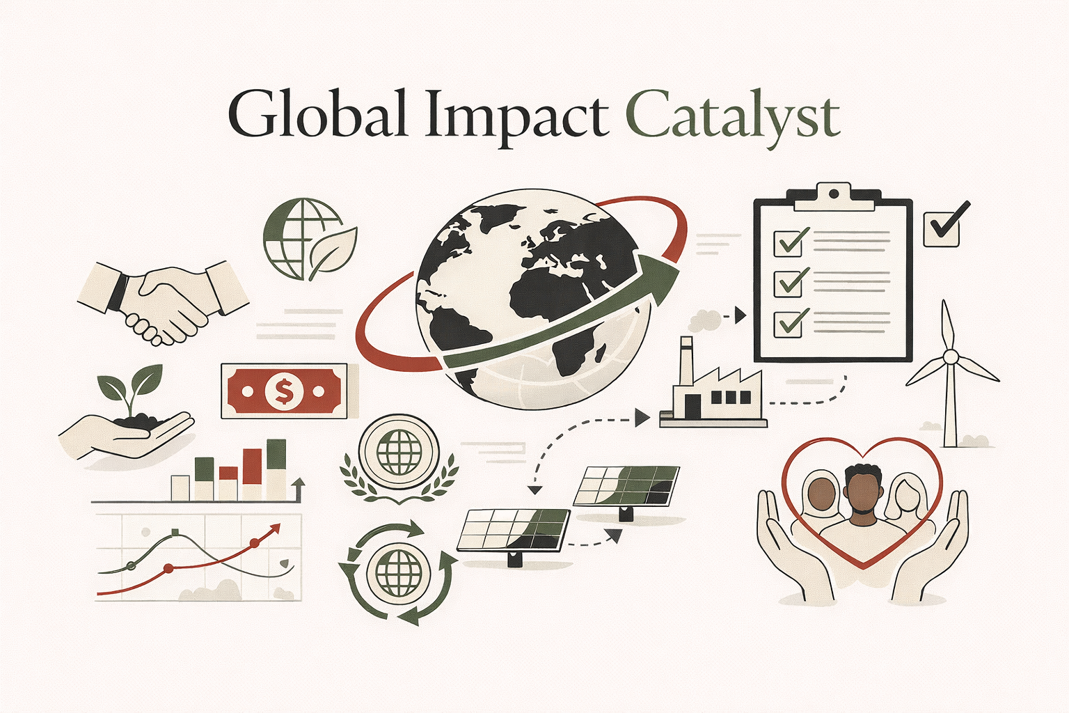 Illustration showing Global Impact Catalyst with global sustainability, reporting, indicators, renewable energy, institutional review, and social impact symbols in a structured cream, red, green, and black palette.