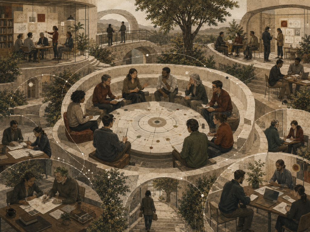 Restrained institutional illustration of teams gathered around circular planning tables, shared documents, target diagrams, workspaces, bridges, and organizational pathways.