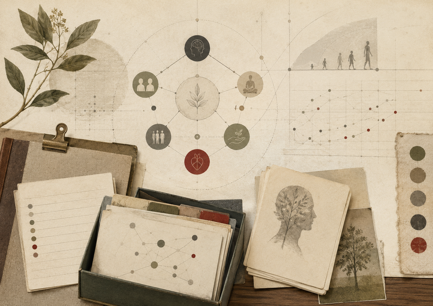 Restrained academic illustration of layered research cards, wellbeing diagrams, botanical forms, and social connection markers representing gratitude as a psychological construct.