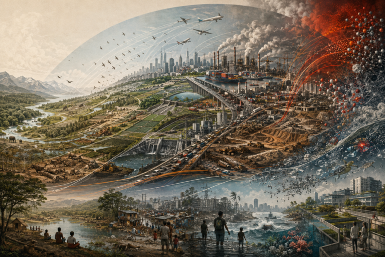 Editorial illustration of the Great Acceleration showing rapid post-1950 expansion of industry, cities, transport, extraction, and planetary environmental pressure.