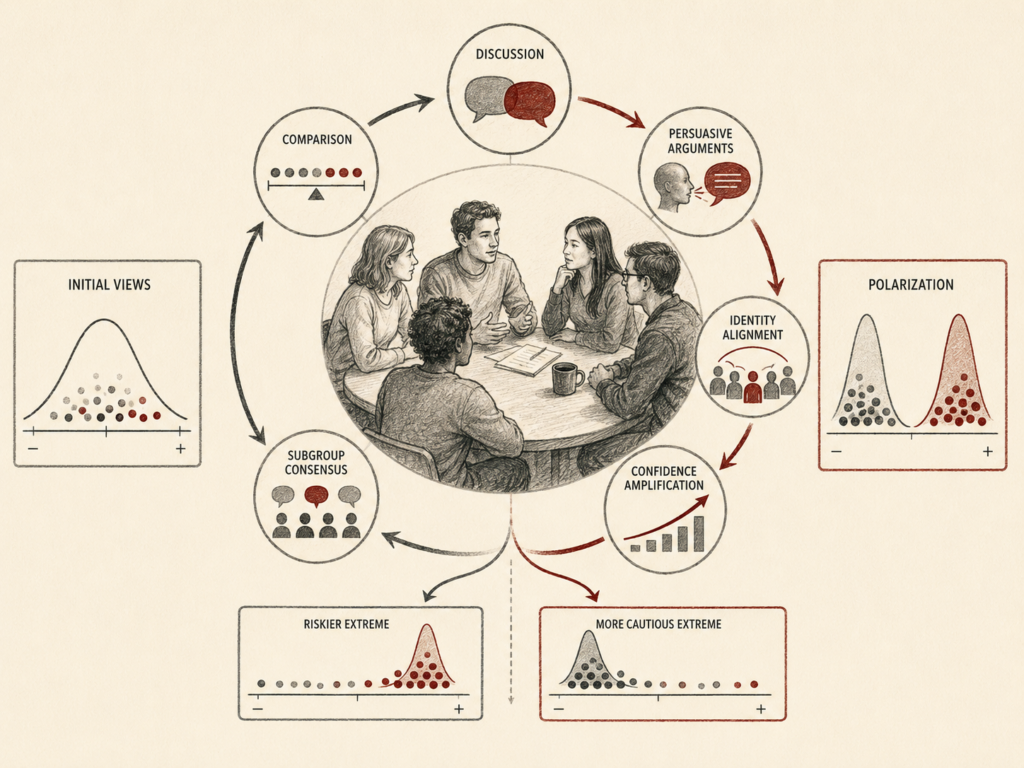 Restrained institutional research illustration showing group polarization as a social-psychological process in which discussion, comparison, persuasive arguments, identity alignment, subgroup consensus, and confidence amplification shift opinions toward more extreme positions.