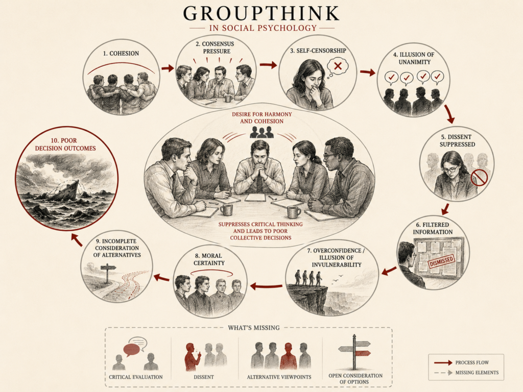 Restrained institutional research illustration showing groupthink as a process in which cohesion, consensus pressure, self-censorship, illusion of unanimity, suppressed dissent, filtered information, overconfidence, moral certainty, and incomplete alternatives lead to poor collective decisions.