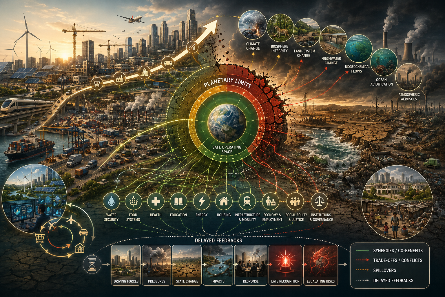 Cinematic sustainability illustration of growth, limits, and overshoot, showing economic expansion, infrastructure, material throughput, planetary boundaries, delayed feedbacks, ecological degradation, technology, governance, and long-run viability risk.