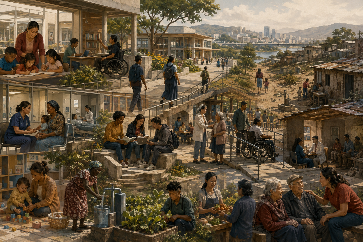 Editorial sustainability illustration showing schools, clinics, care spaces, accessible public systems, intergenerational learning, community health, and unequal access to human capability across a layered landscape.