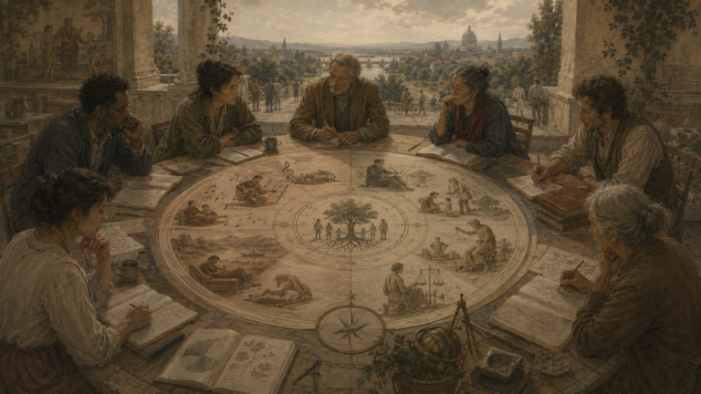 Restrained institutional illustration of scholars examining a circular diagram contrasting pleasure, meaning, virtue, care, and flourishing across two traditions of well-being science.
