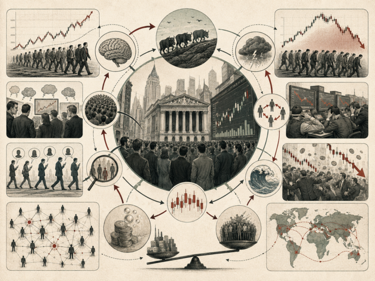 Editorial systems illustration showing herd behavior in financial markets through crowd psychology, price charts, investor imitation, bubbles, crashes, social signals, risk perception, and market contagion.