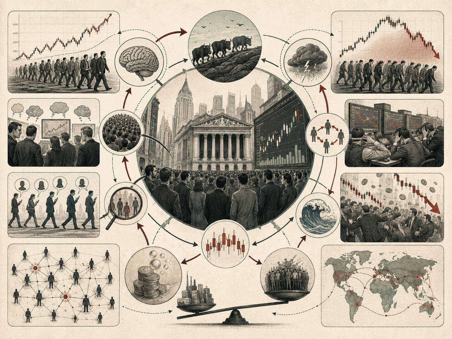 Editorial systems illustration showing herd behavior in financial markets through crowd psychology, price charts, investor imitation, bubbles, crashes, social signals, risk perception, and market contagion.