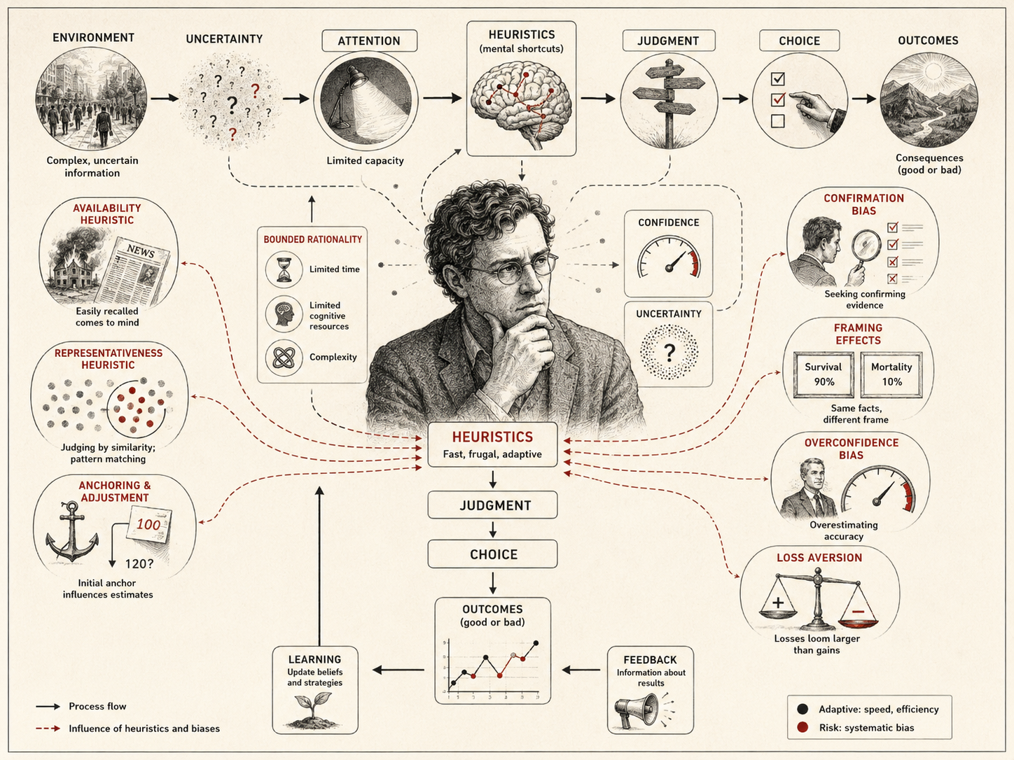 Institutional research illustration showing how heuristics and biases shape human judgment through uncertainty, attention, bounded rationality, availability, representativeness, anchoring, confirmation bias, framing effects, overconfidence, loss aversion, choice, outcomes, feedback, and learning.