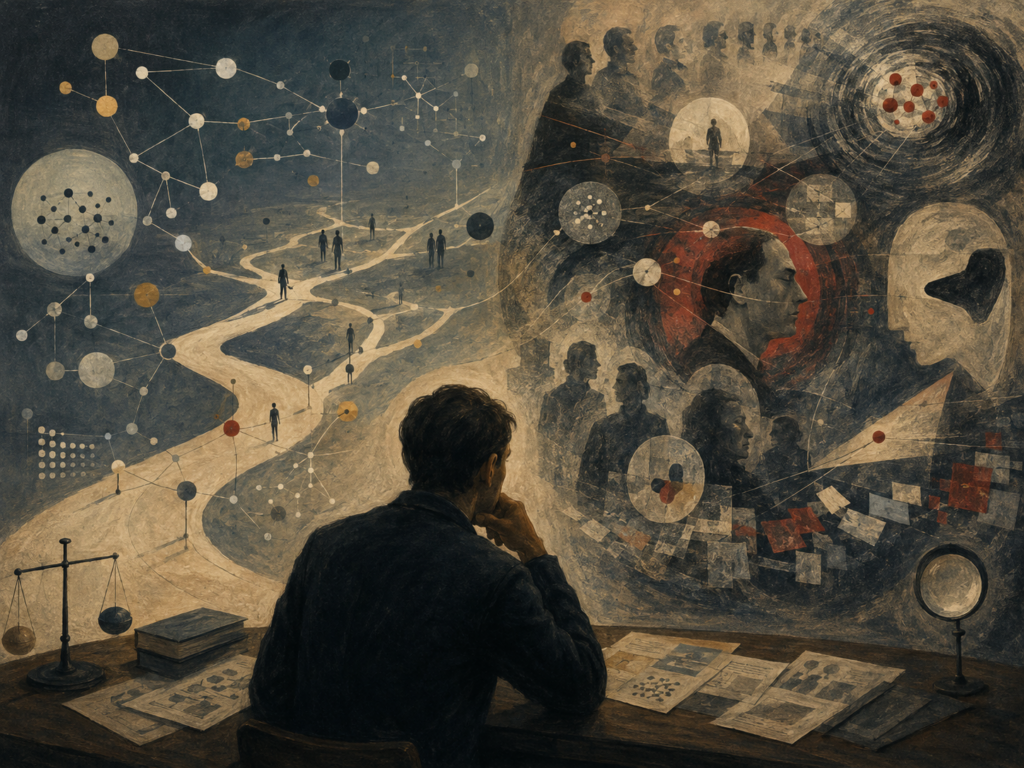 Painterly editorial illustration of heuristics and cognitive biases with a contemplative figure, branching paths, distorted judgment symbols, dice, mirrors, social silhouettes, targets, and fragmented mental networks.