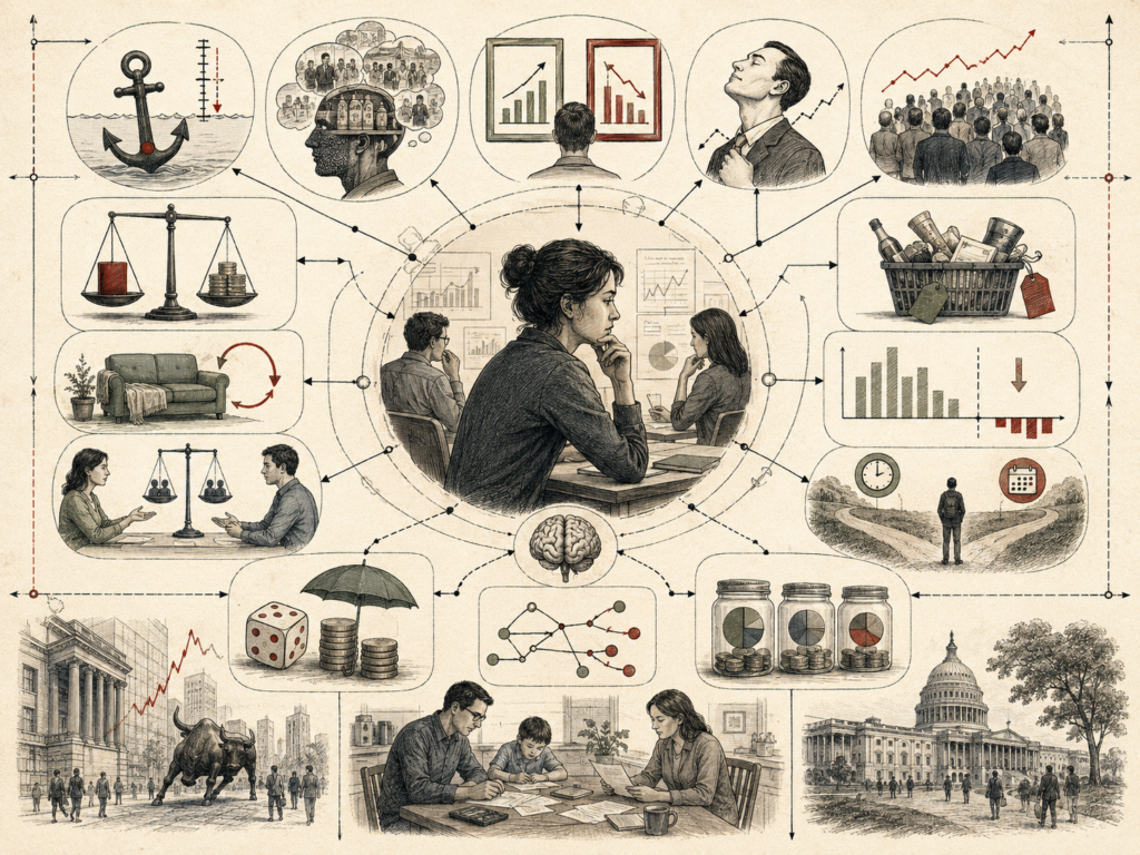 Editorial systems illustration showing heuristics and biases in economic decision-making through anchors, risk perception, framing, overconfidence, social influence, status quo bias, household finance, markets, and public institutions.
