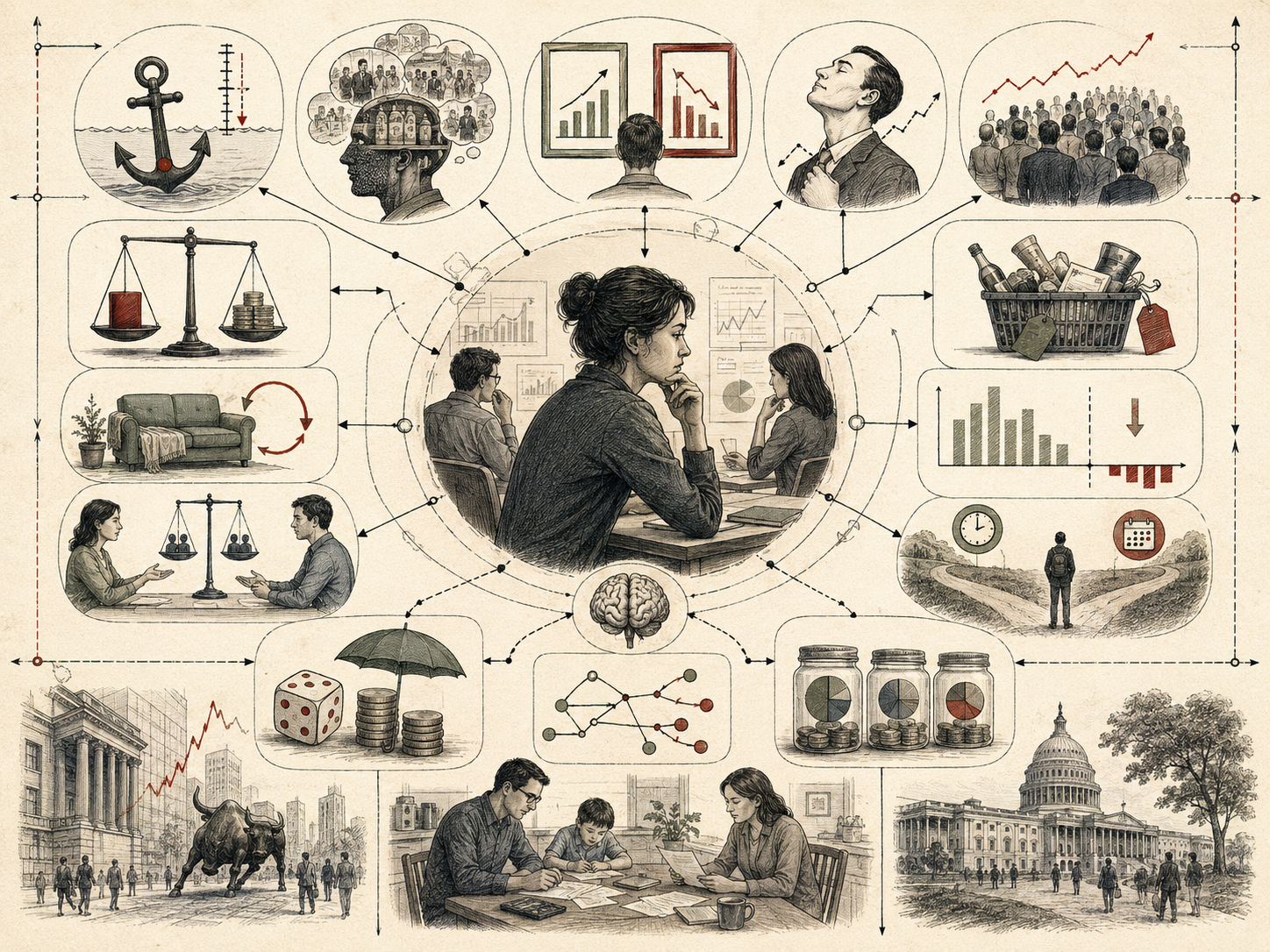 Editorial systems illustration showing heuristics and biases in economic decision-making through anchors, risk perception, framing, overconfidence, social influence, status quo bias, household finance, markets, and public institutions.