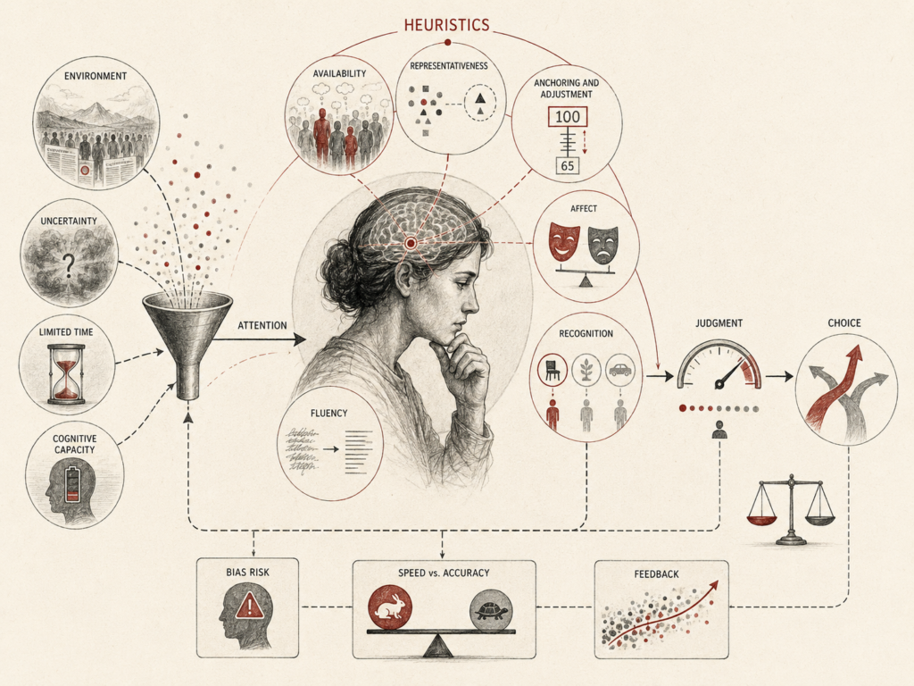 Restrained institutional research illustration showing heuristics as mental shortcuts that filter information through attention, uncertainty, limited time, cognitive capacity, availability, representativeness, anchoring, affect, recognition, fluency, judgment, choice, bias risk, speed-accuracy tradeoffs, and feedback.