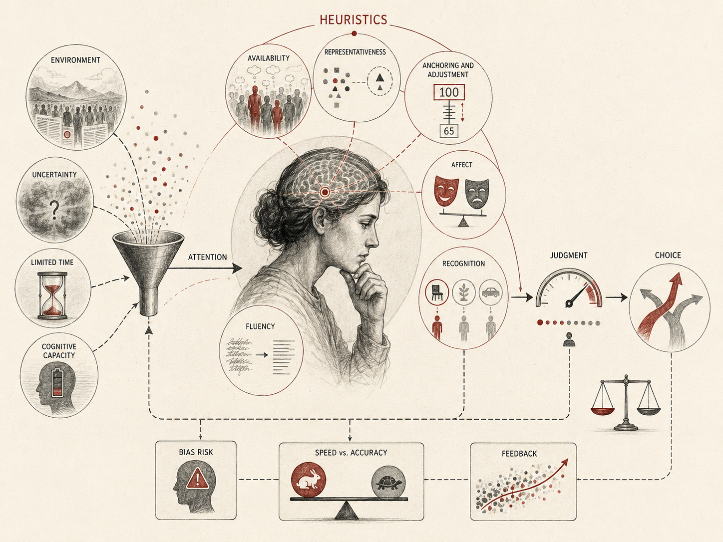 Restrained institutional research illustration showing heuristics as mental shortcuts that filter information through attention, uncertainty, limited time, cognitive capacity, availability, representativeness, anchoring, affect, recognition, fluency, judgment, choice, bias risk, speed-accuracy tradeoffs, and feedback.