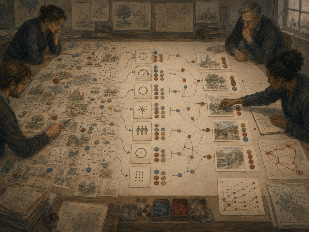 Strategists use visual filters, tokens, decision paths, idea cards, and practical shortcuts to narrow many possible ideas into clearer strategic options.