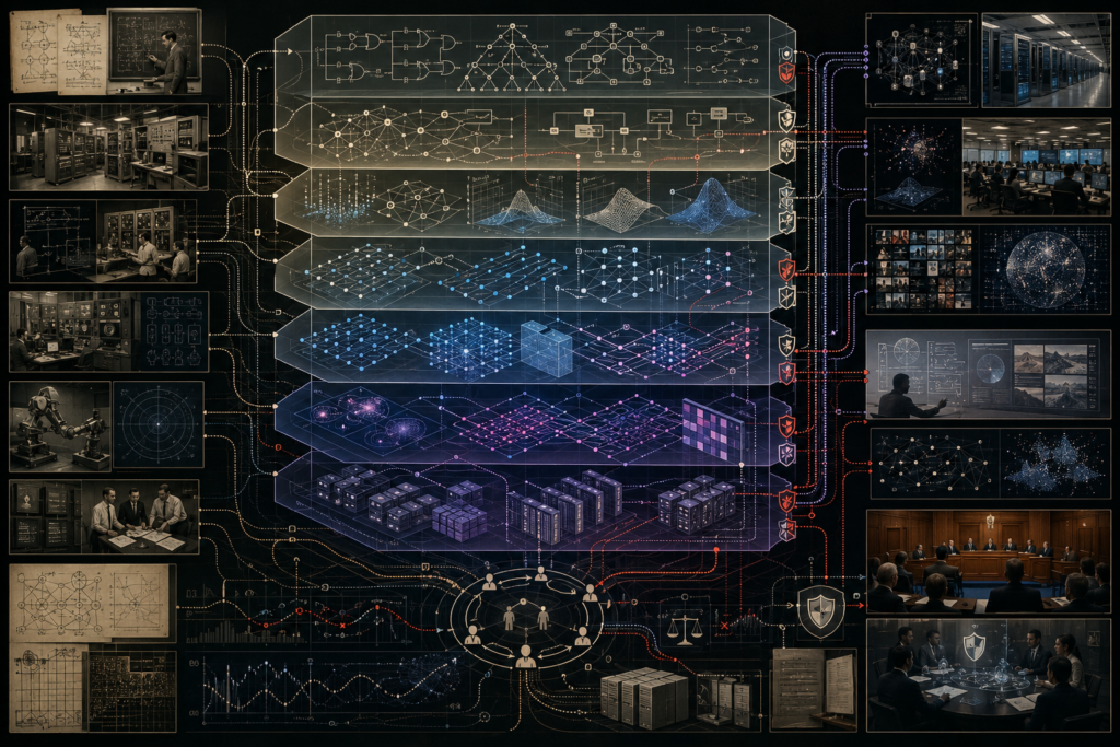 History of artificial intelligence system showing symbolic logic, early computation, cybernetics, expert systems, statistical learning, machine learning, neural networks, deep learning, transformers, foundation models, generative AI, hybrid systems, governance checkpoints, and audit controls.
