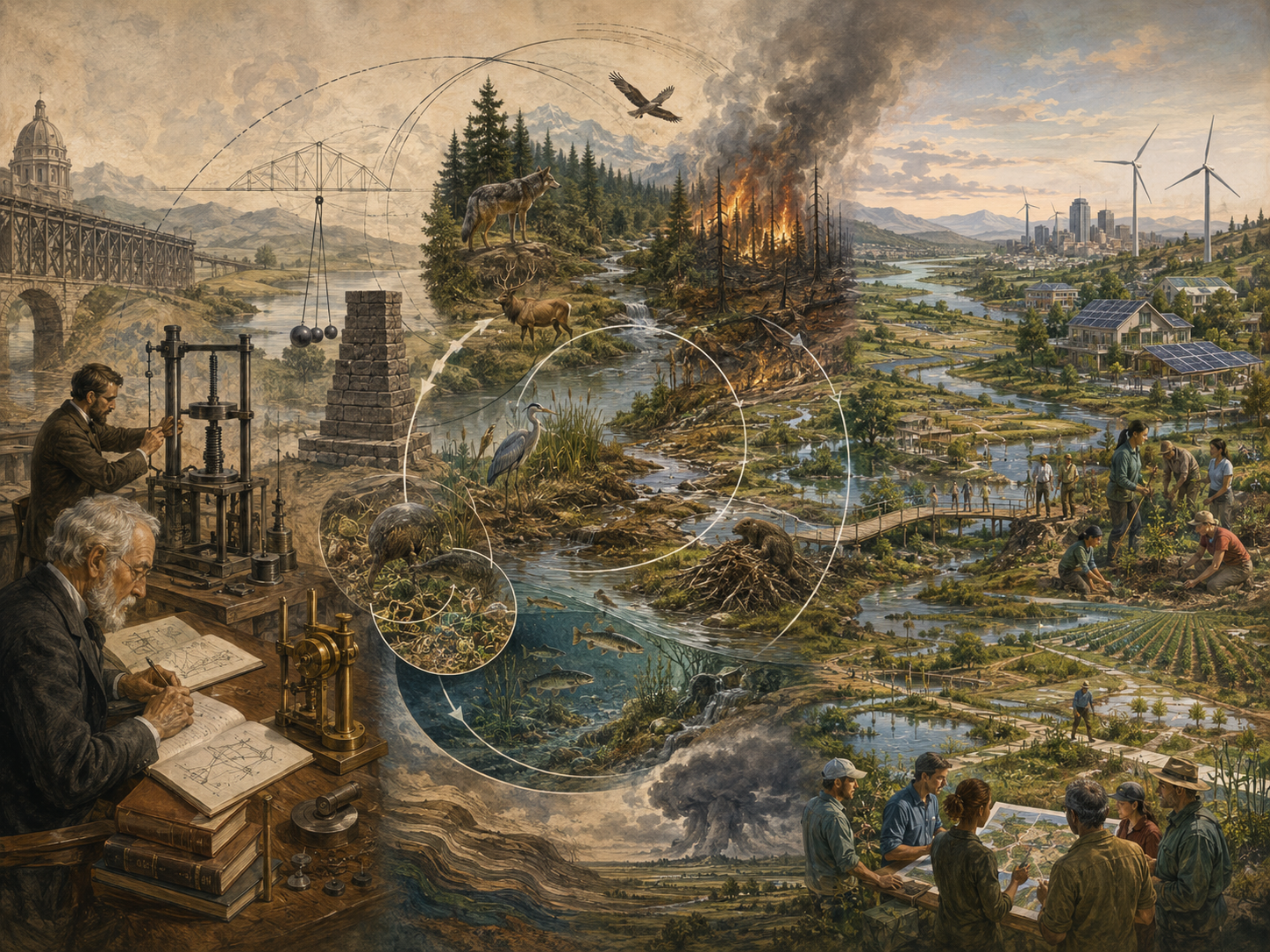 Editorial illustration tracing resilience theory from early engineering and equilibrium science through ecological disturbance cycles to modern social-ecological adaptation and restoration.