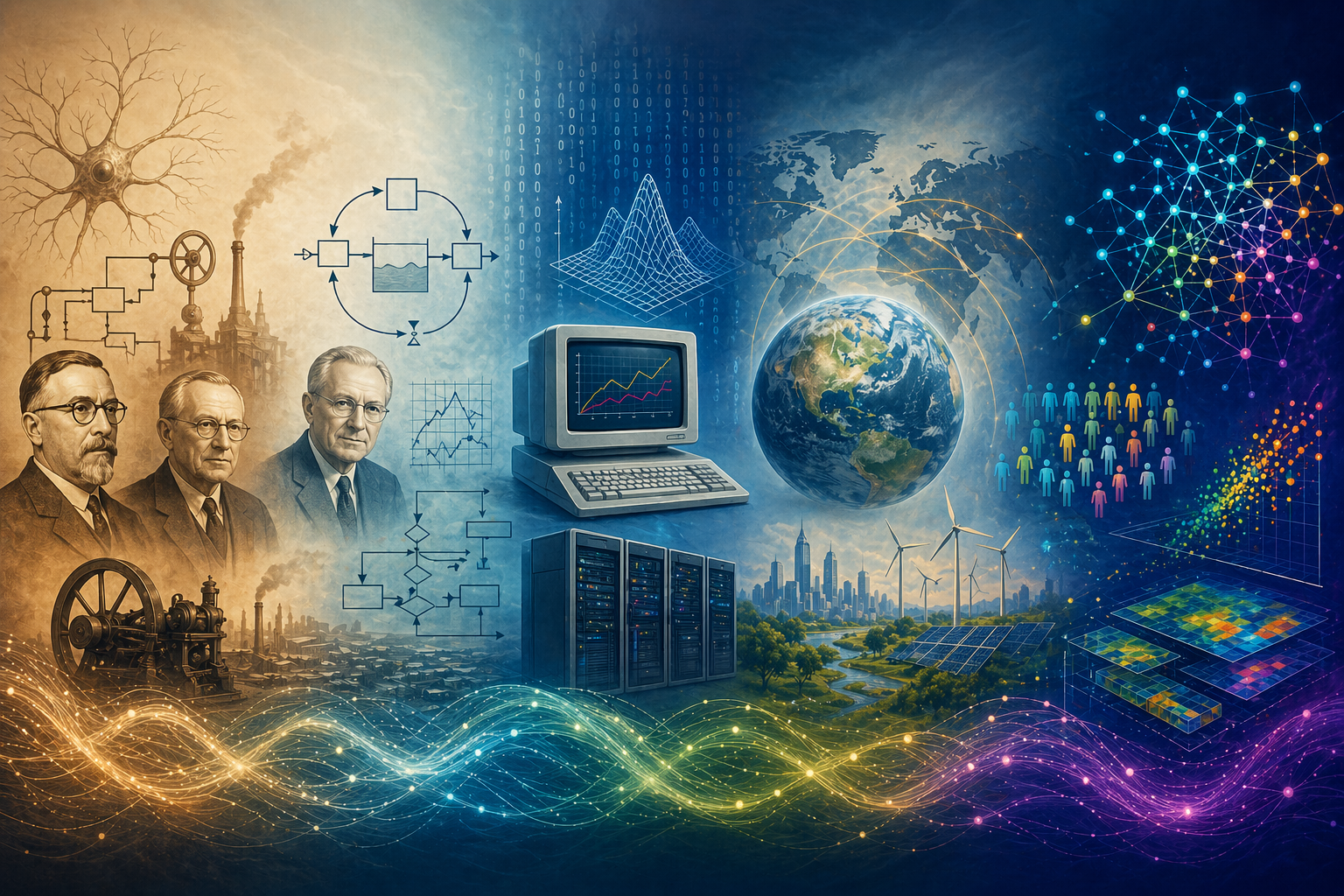 Text-free conceptual illustration showing the evolution of systems modeling from early cybernetics and industrial systems through computer simulation, global systems analysis, network science, and modern data-rich complexity modeling.