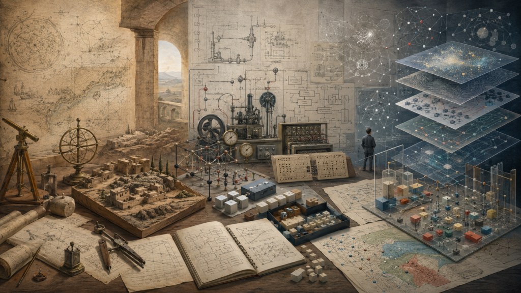 Historical research workspace showing the evolution from early maps, instruments, and physical models to engineering schematics, analog systems, network diagrams, and layered computational models.