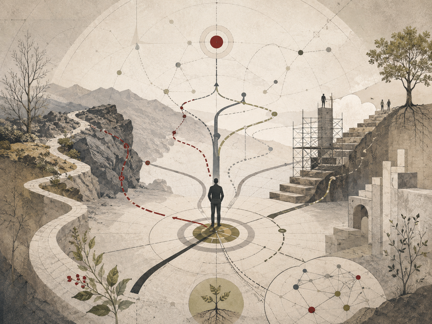 Restrained academic illustration of a central figure facing branching pathways, goal markers, obstacles, scaffolding, and growth forms representing hope theory.