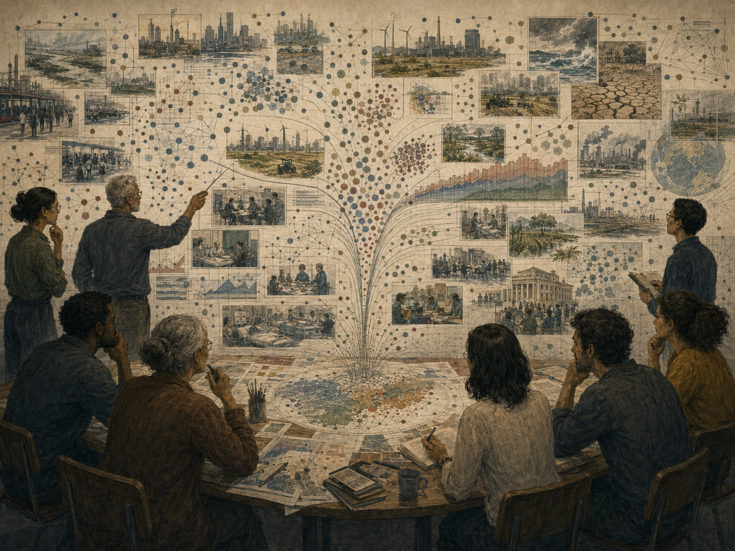 Researchers study weak signals, emerging risks, trend patterns, and social-ecological change across a wall of interconnected future indicators.