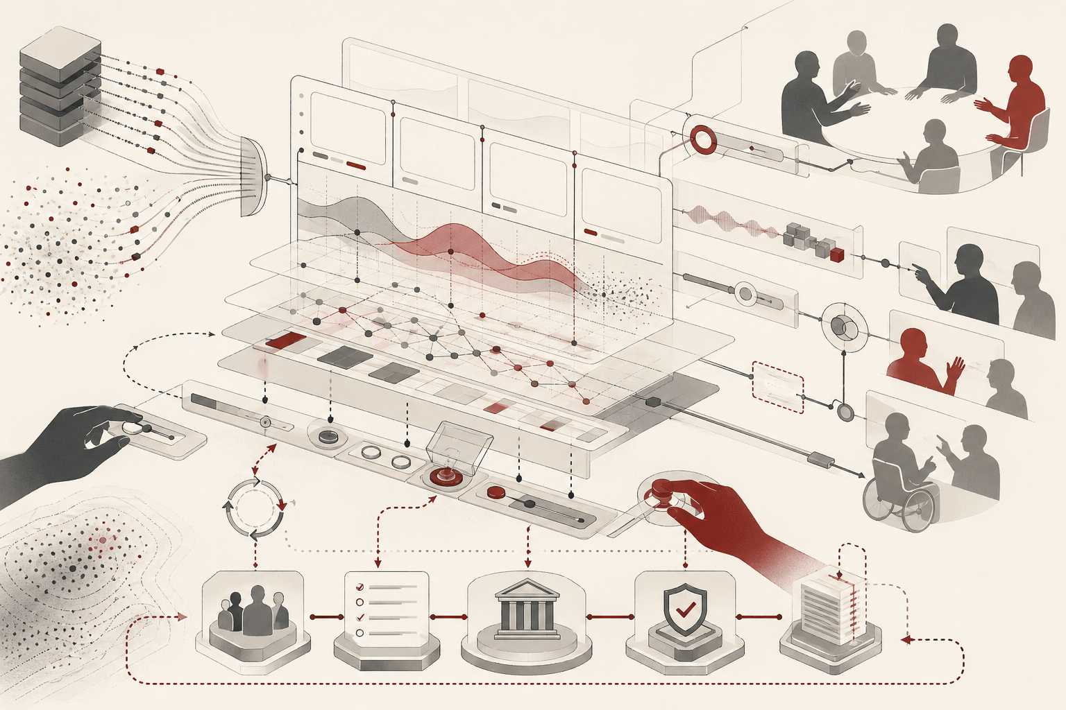 Abstract editorial illustration of human–AI interaction showing AI output streams, transparent interface layers, user review pathways, override controls, feedback loops, accessibility cues, and governance checkpoints.