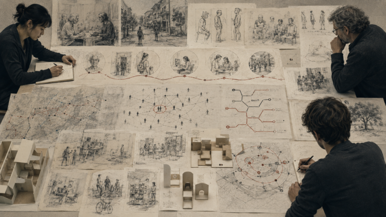 Editorial illustration of a collaborative research table covered with human-centered sketches, interview scenes, journey maps, systems diagrams, and paper prototypes.