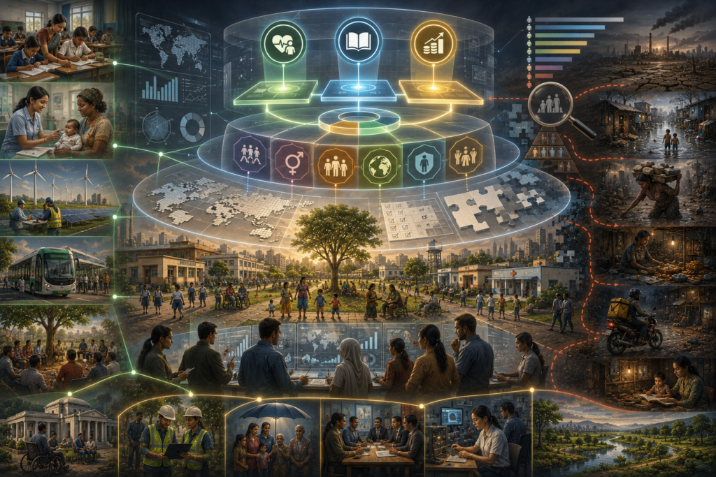 Abstract sustainability illustration of human development indicators and their limits, showing composite metrics, HDI-style measurement, hidden inequality, gender gaps, poverty, planetary pressure, data quality, rankings, and lived realities beyond averages.