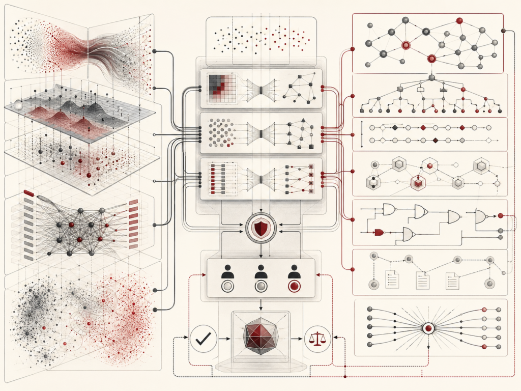Abstract editorial illustration of hybrid AI showing neural representation layers, symbolic knowledge structures, a central integration core, verification pathways, and human oversight elements.