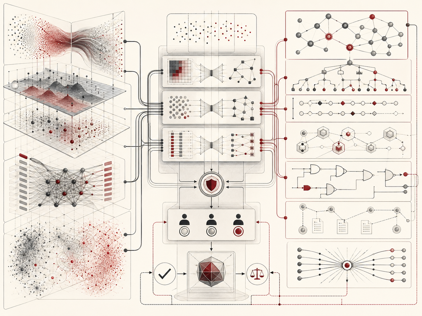 Abstract editorial illustration of hybrid AI showing neural representation layers, symbolic knowledge structures, a central integration core, verification pathways, and human oversight elements.