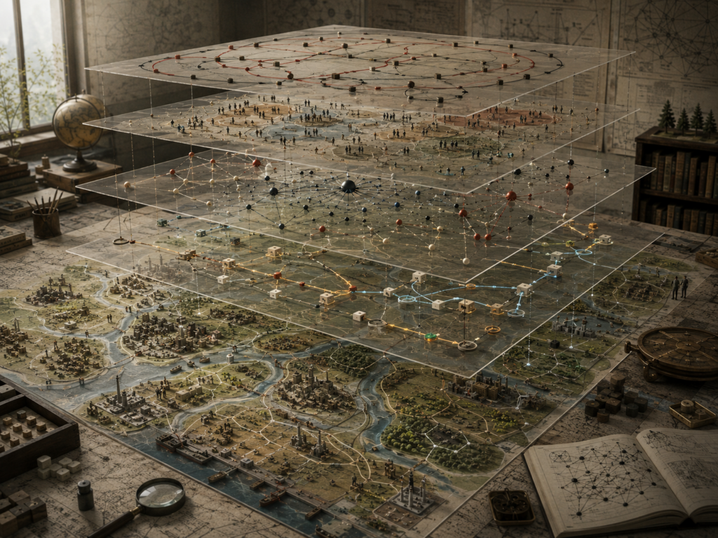 Layered hybrid systems model on a research table combining landscape infrastructure, agent populations, network structures, process flows, feedback loops, and translucent analytical planes.