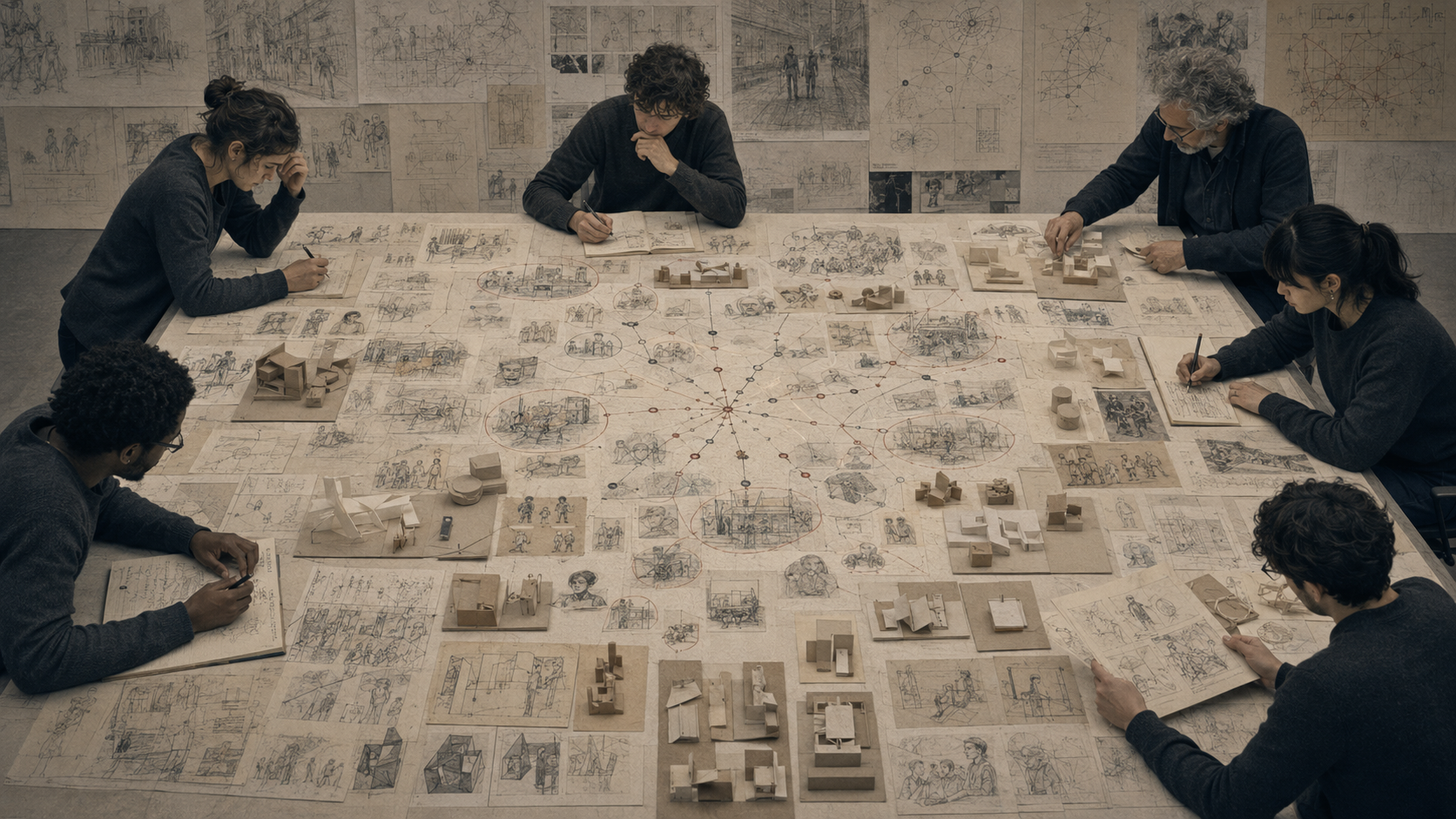 Editorial illustration of a design studio table covered with branching idea maps, exploratory sketches, concept clusters, paper prototypes, and small model variations.