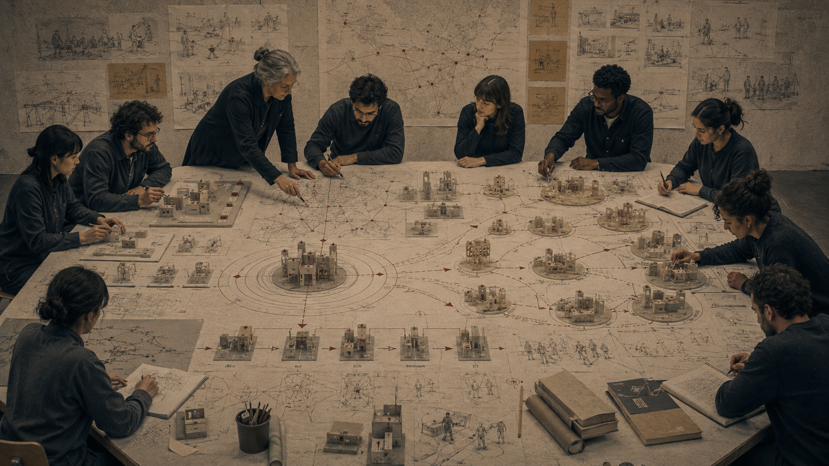 Editorial illustration of a design team working around a large table covered with prototype models, rollout pathways, systems maps, implementation diagrams, and scaled deployment clusters.