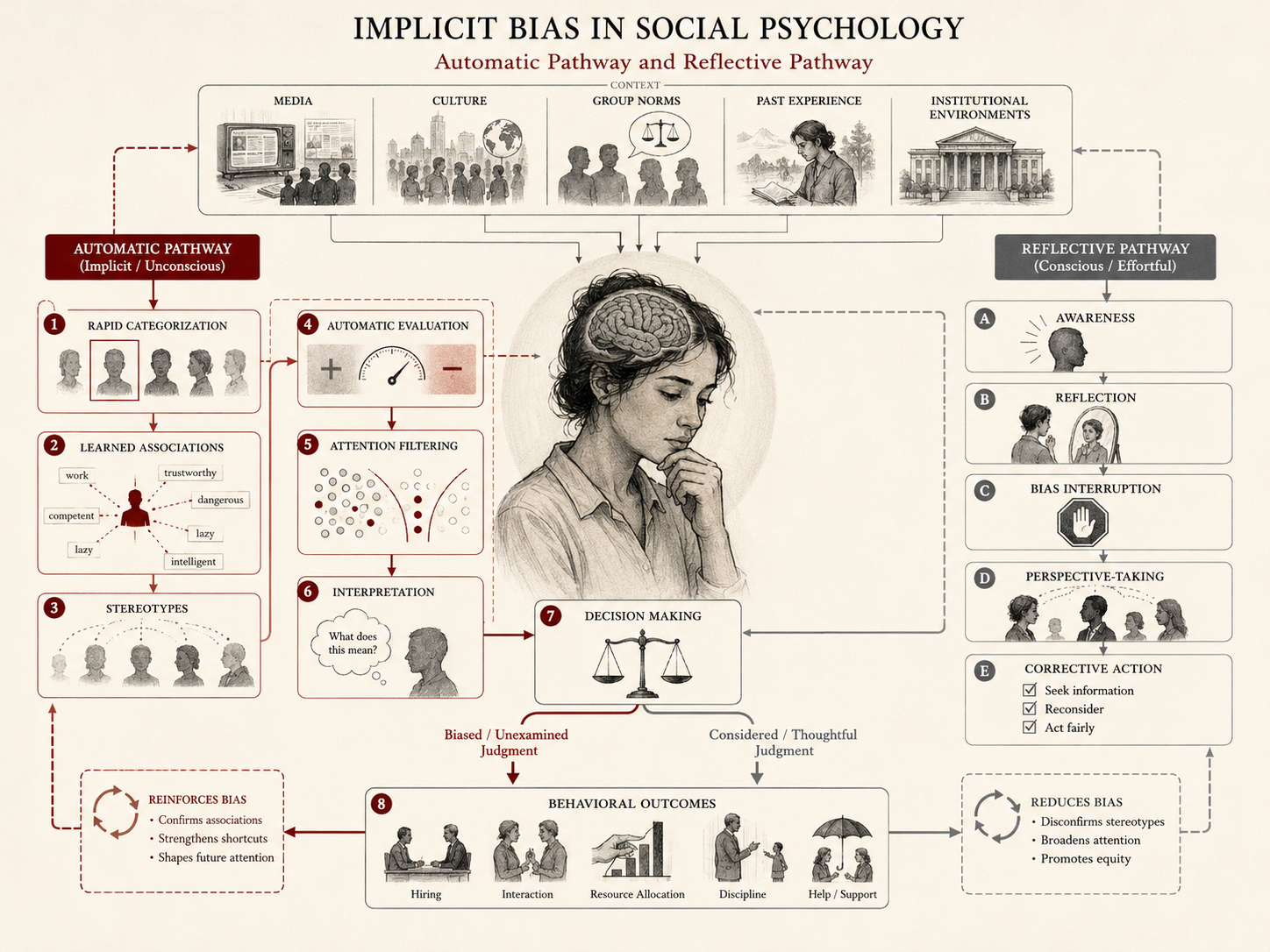 Restrained institutional research illustration showing implicit bias as an automatic social-cognitive pathway shaped by media, culture, group norms, past experience, institutional environments, learned associations, stereotypes, attention filtering, interpretation, decision-making, and reflective correction.