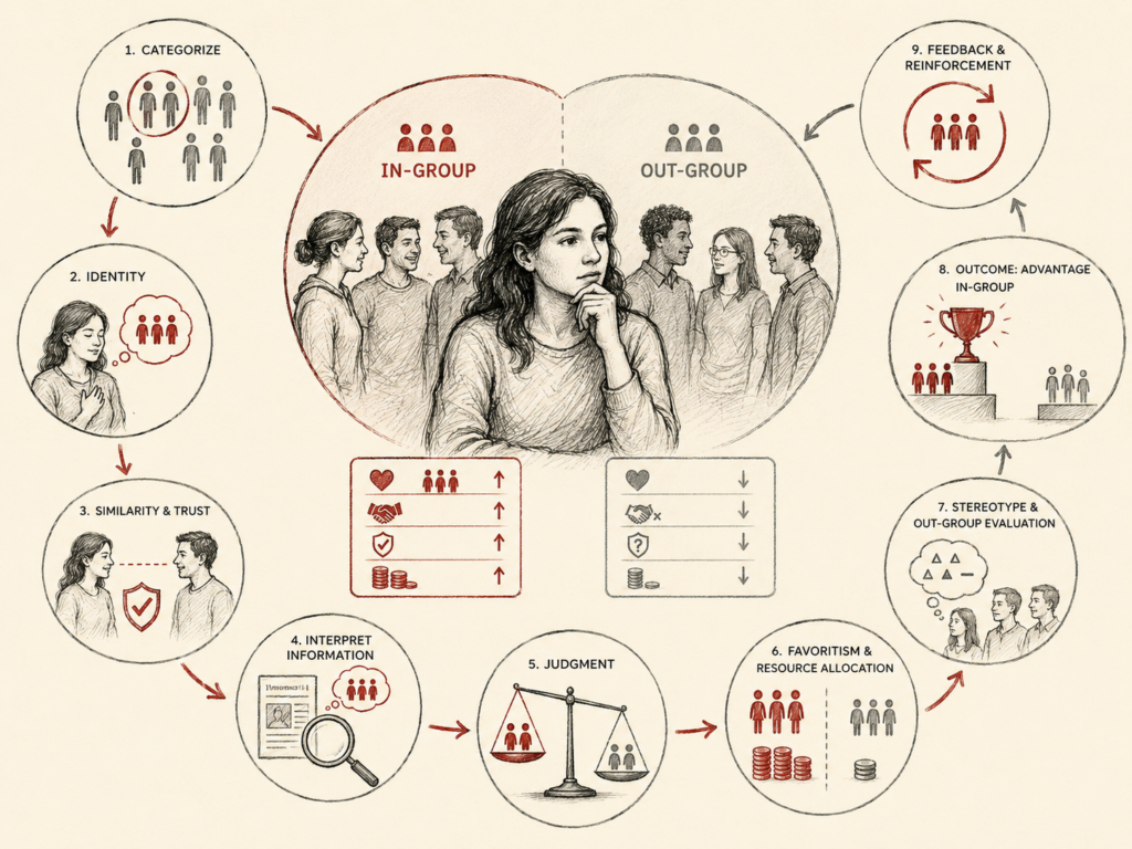 Restrained institutional research illustration showing in-group bias as a social-cognitive process involving categorization, identity, similarity, trust, information interpretation, judgment, favoritism, resource allocation, stereotype formation, outcomes, and reinforcement.