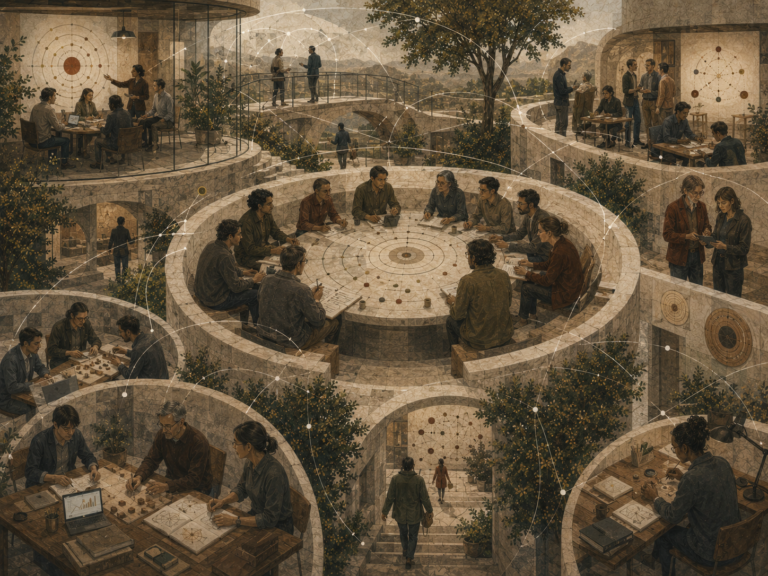 Restrained institutional illustration of teams working across circular planning spaces, target diagrams, shared documents, feedback pathways, and organizational courtyards.