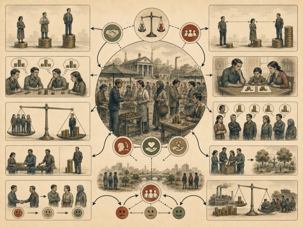 Editorial systems illustration showing inequality aversion in economic decision-making through unequal resource distribution, fairness judgments, cooperation, social comparison, bargaining, and public institutions.
