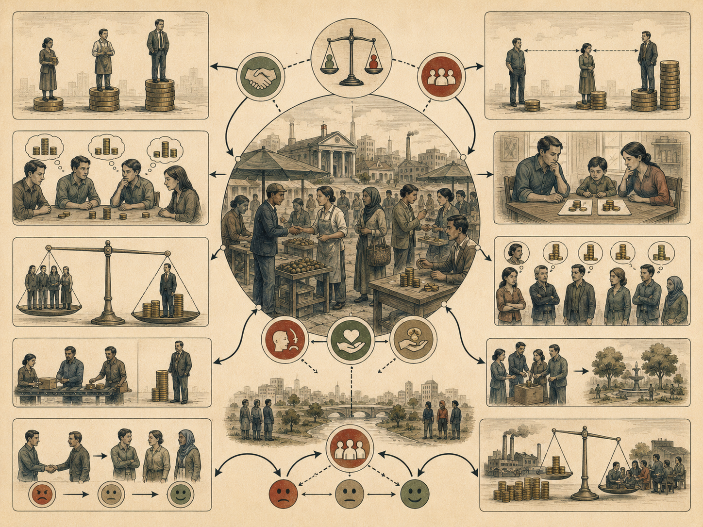 Editorial systems illustration showing inequality aversion in economic decision-making through unequal resource distribution, fairness judgments, cooperation, social comparison, bargaining, and public institutions.