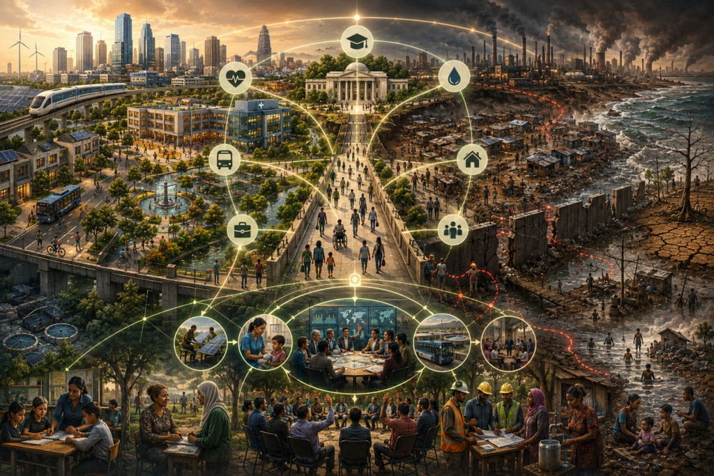 Editorial sustainability illustration showing inequality and inclusive development through unequal access to schools, clinics, public transit, housing, institutions, opportunity, environmental protection, and civic participation.