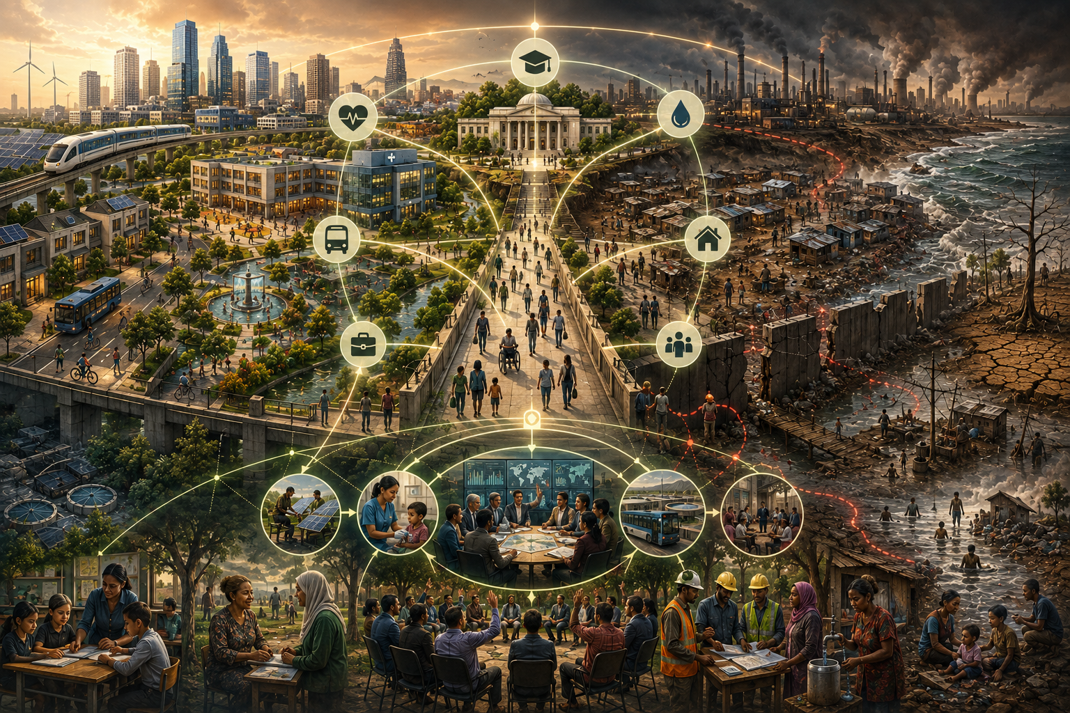 Editorial sustainability illustration showing inequality and inclusive development through unequal access to schools, clinics, public transit, housing, institutions, opportunity, environmental protection, and civic participation.