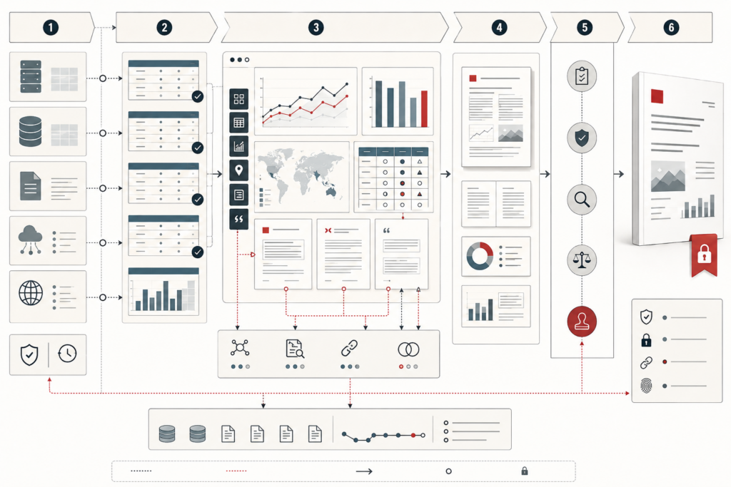 Conceptual data-systems illustration showing data sources, validated evidence, charts, tables, maps, report structure, review checkpoints, audit controls, and a published analytical report.