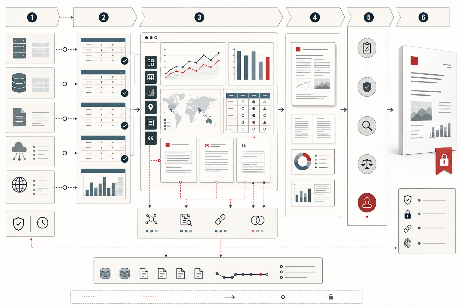 Conceptual data-systems illustration showing data sources, validated evidence, charts, tables, maps, report structure, review checkpoints, audit controls, and a published analytical report.