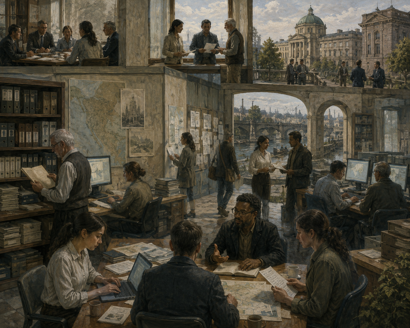 Restrained institutional illustration of an administrative office where people exchange documents, review maps, hold meetings, and coordinate work across civic systems.