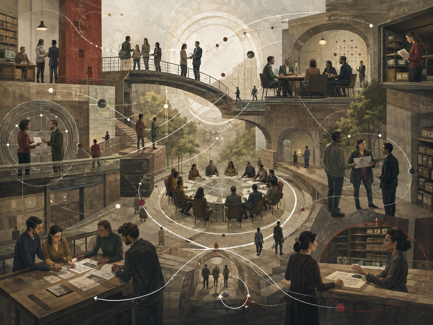 Restrained institutional illustration of people exchanging information across layered organizational spaces, with meeting rooms, archives, bridges, shared documents, and network pathways.