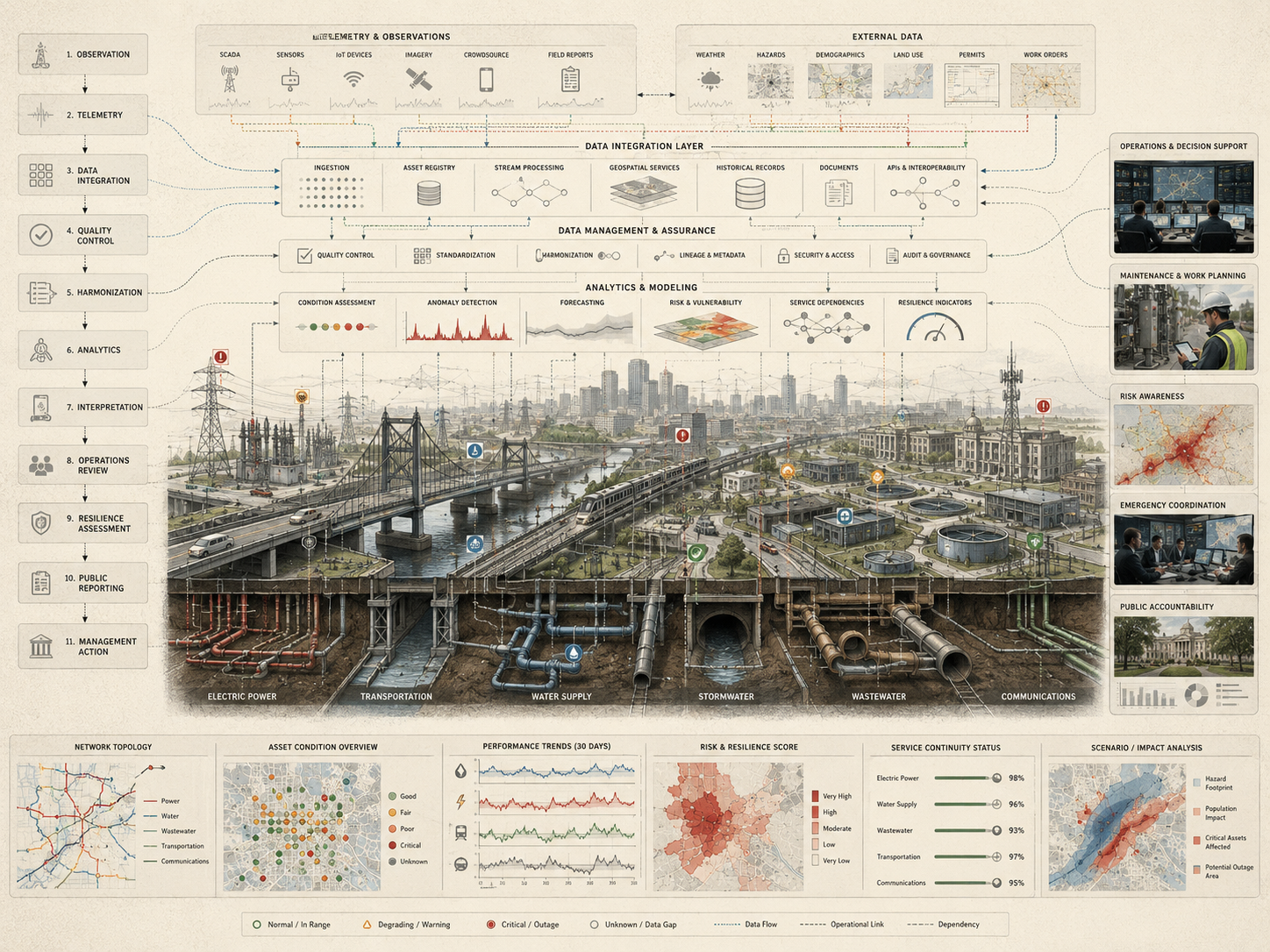 Restrained infrastructure data platform diagram showing telemetry, asset registries, geospatial services, analytics, risk maps, service continuity, operations centers, and public accountability pathways.